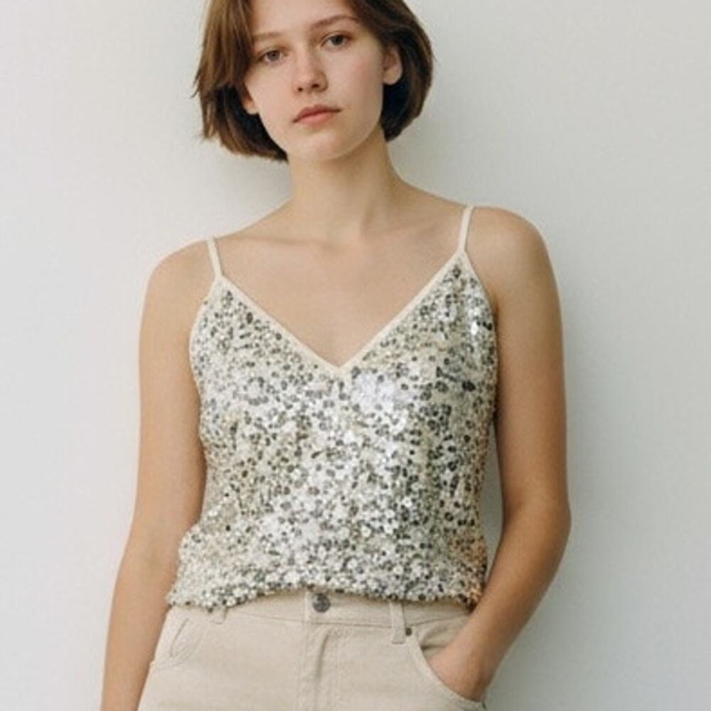 Goldie Twilight Camisole Top Womens M Silver Cream Sequin Sparkles Shimmer Glam